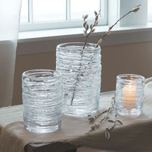 Load image into Gallery viewer, master glass blowers nimbly wrap fine strands of glass around a cylindrical base to form the unique, natural silhouette of each candle holder. Echo lake Hurricane
