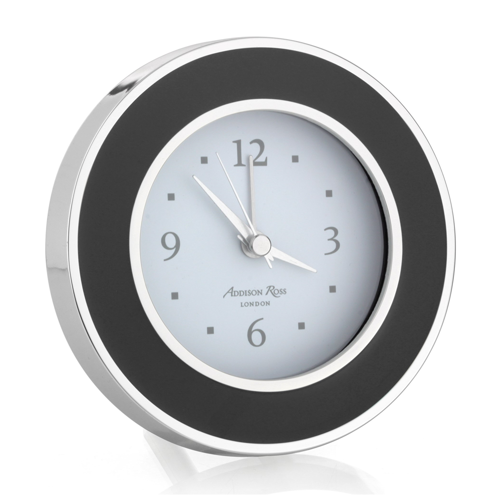 Black and Silver Alarm Clock Backed in luxury grey velvet with a silver clock movement cover.
