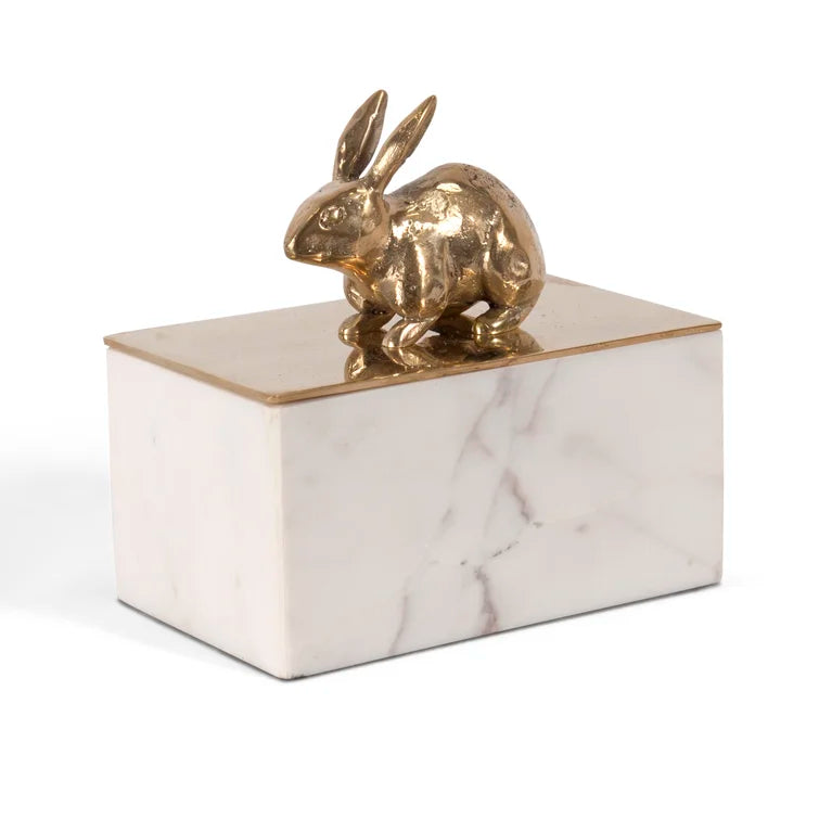 Luxury Decorative Marble Box. Removable Gold lid with bunny. Bliss Studio Decorative box.