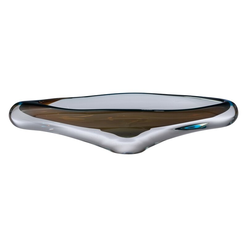 Canoe bowl is hand crafted thick layers of cloudy blue and gelp art glass.