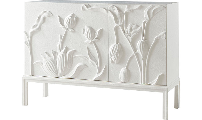 Matte white plaster forms the sculpted, spellbinding shape of the Dupre Chest. 
