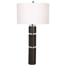 Load image into Gallery viewer, sophisticated design by pairing stacked steel columns in a dark bronze finish table lamp
