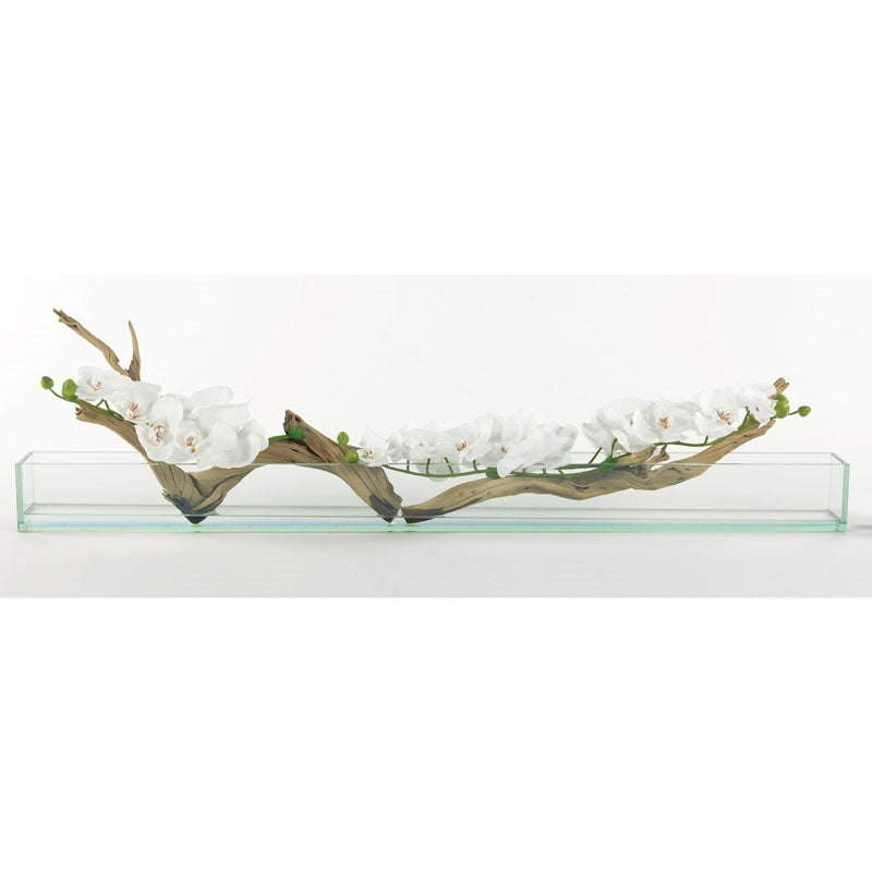 White Phalaenopsis Orchids with Ghostwood in large glass rectangular bowl. Tree Masters. Faux Orchid table decor. Faux Florals. Faux Orchids.