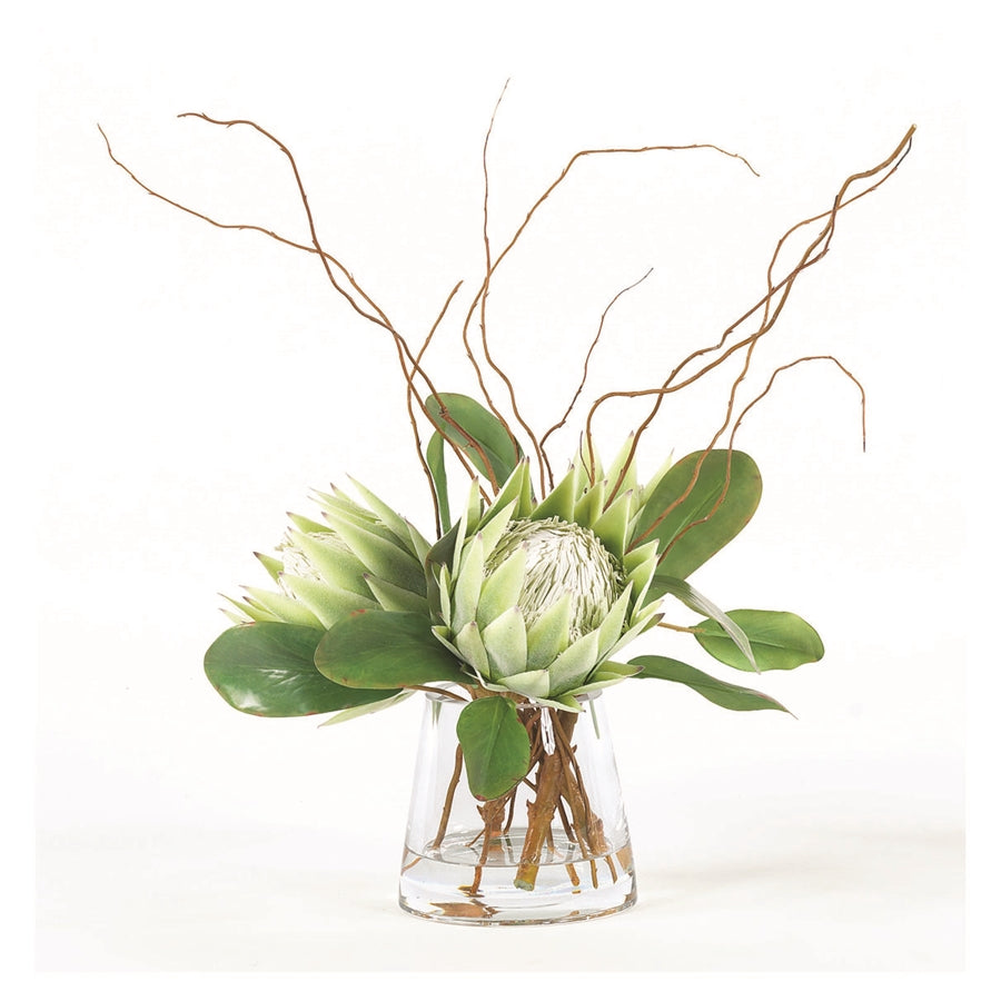 Large Protea in Glass vase. Faux Florals. Luxury Faux Florals. Tree Masters Faux Florals in Water.