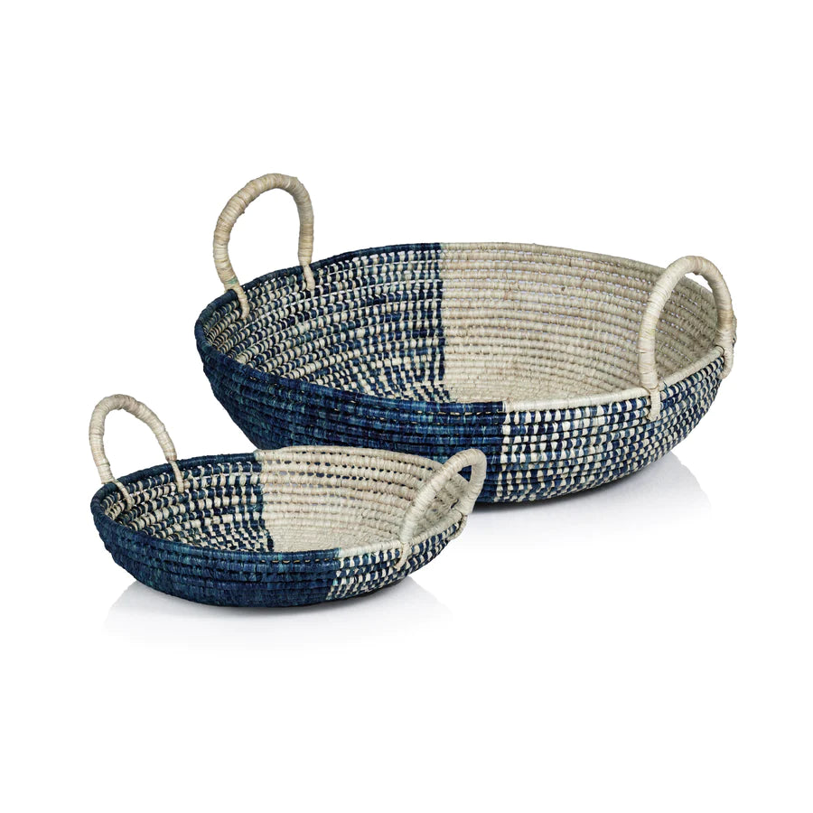 Raffia Construction Two Tone Finish Handcrafting, Slight Variations May Occur Decorative Bowls Two Set Handwoven Natural & Dyed Raffia Side Handles