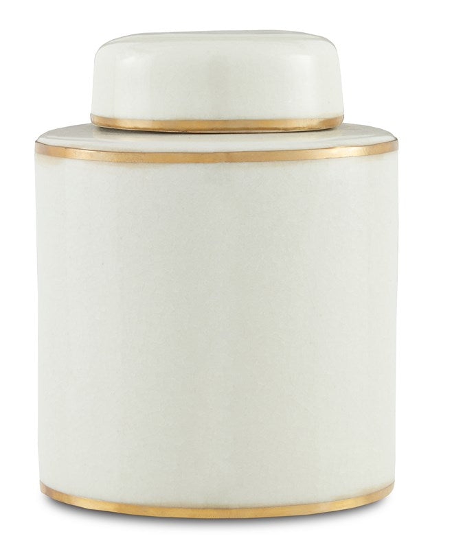 Ceramic and Brass tea canister. Currey and Company ivory and gold canister. Tabletop decor. Luxury tea canister. 