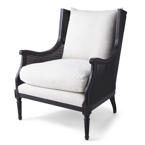 Cane Webbing Chair. Black Armchair. Luxe cane armchair. Back: Loose Seat Cushion: Blend Down Seat Construction: Webbed
