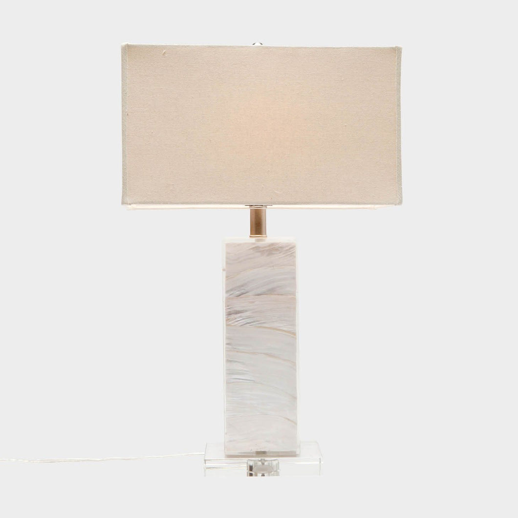 Luxury table lamp. Pearl-like lamp base. Acrylic resin. Lighting. Livingroom decor. 
